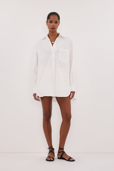 Kristen wearing RHEA 2.0 WHITE OVERSIZED COTTON SHIRT