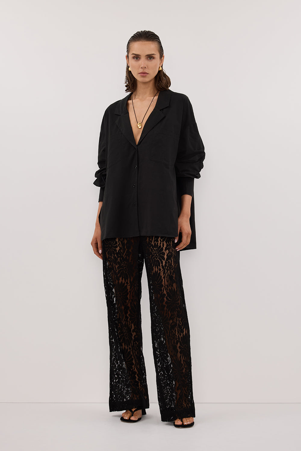 IRENE BLACK LONG SLEEVE NOTCH COLLAR SHIRT