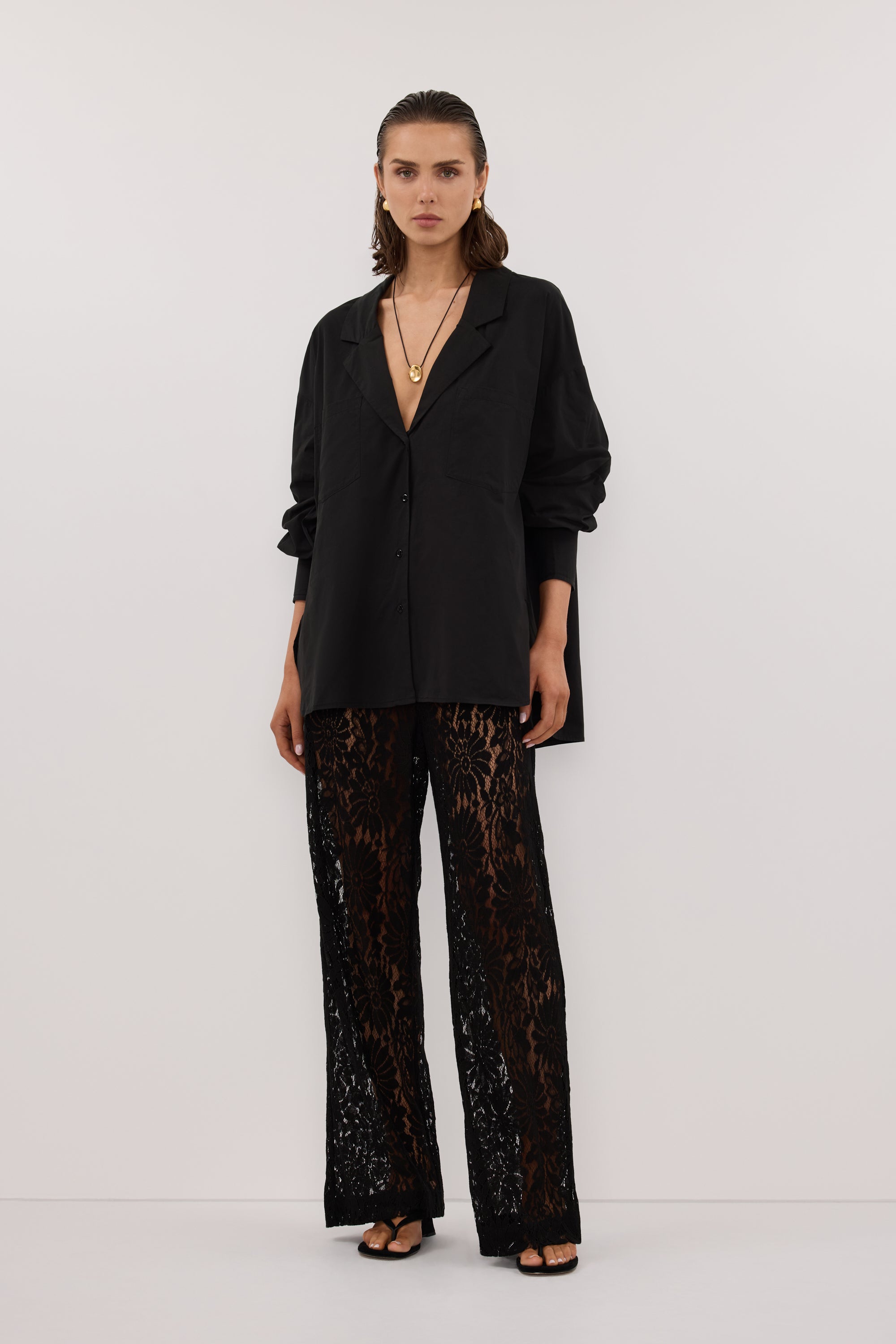 IRENE BLACK LONG SLEEVE NOTCH COLLAR SHIRT