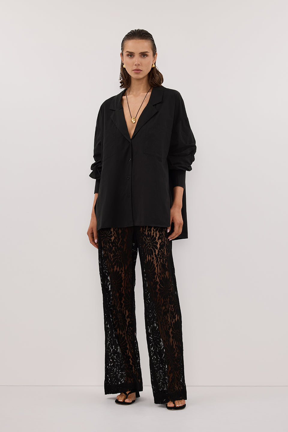 IRENE BLACK LONG SLEEVE NOTCH COLLAR SHIRT