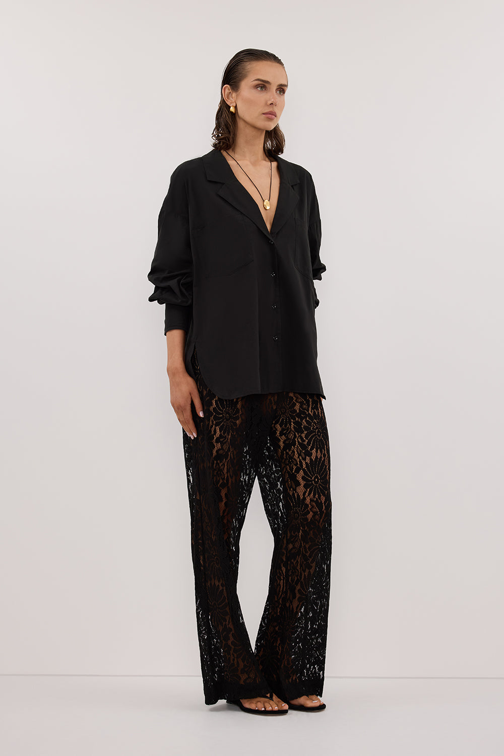 IRENE BLACK LONG SLEEVE NOTCH COLLAR SHIRT