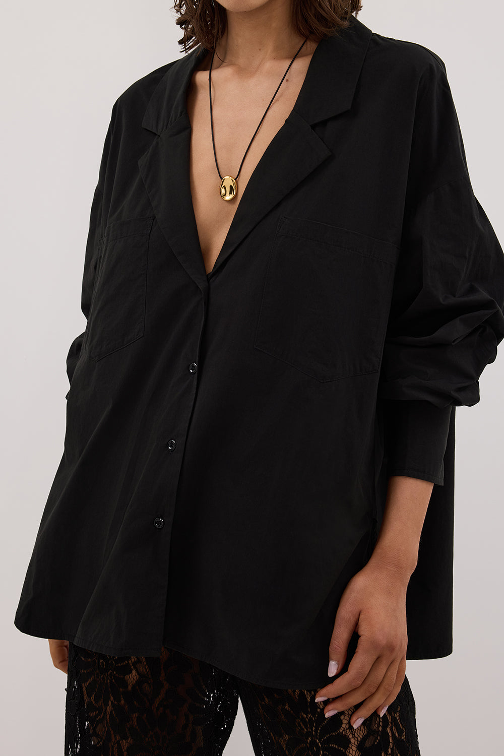 IRENE BLACK LONG SLEEVE NOTCH COLLAR SHIRT