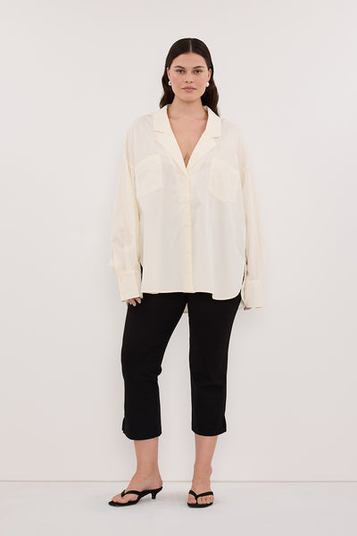Jasmine wearing IRENE BUTTER LONG SLEEVE NOTCH COLLAR SHIRT