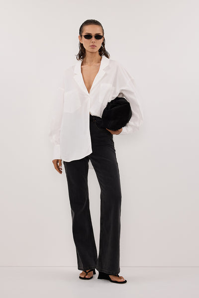 Stas wearing IRENE WHITE LONG SLEEVE NOTCH COLLAR SHIRT