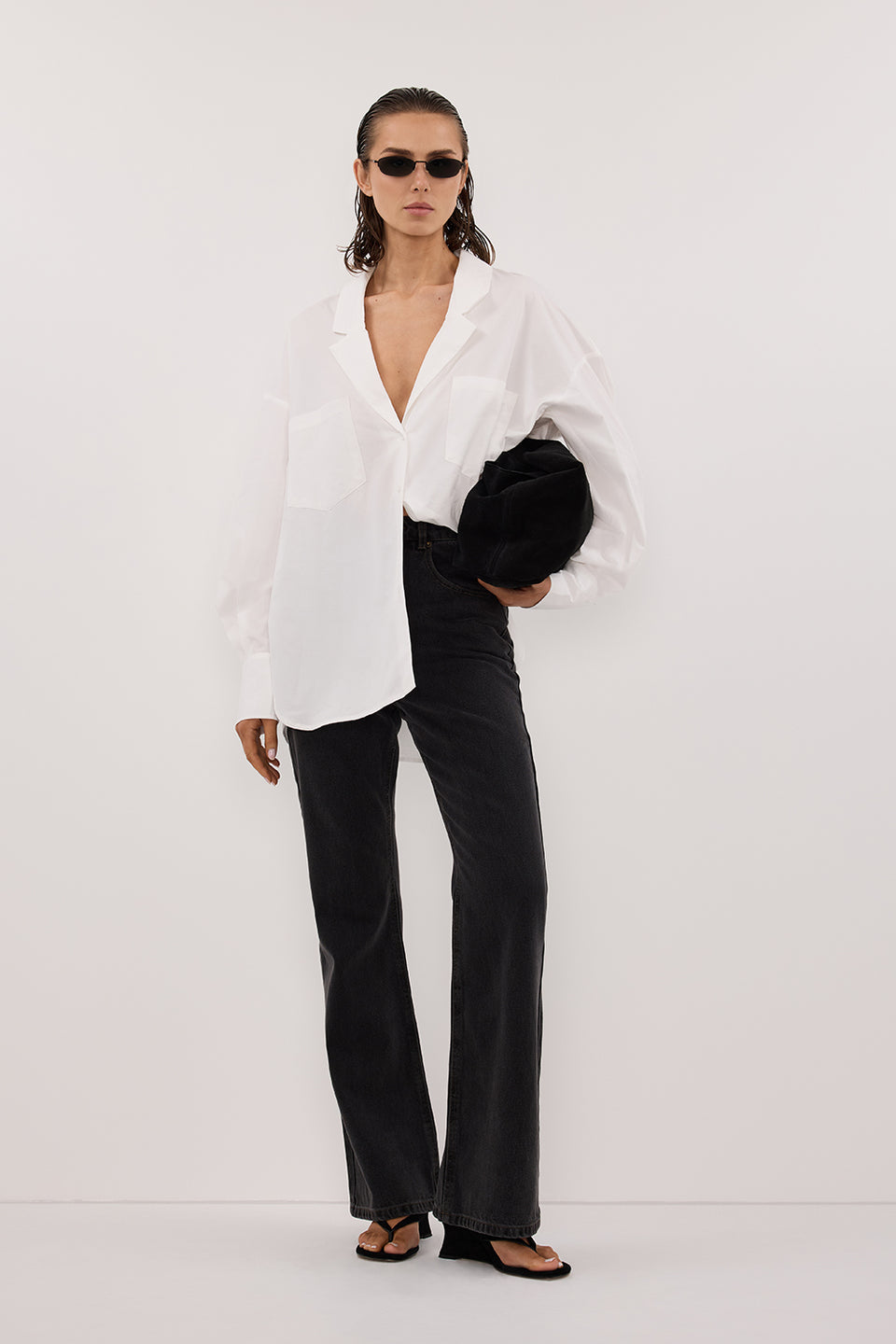 IRENE WHITE LONG SLEEVE NOTCH COLLAR SHIRT