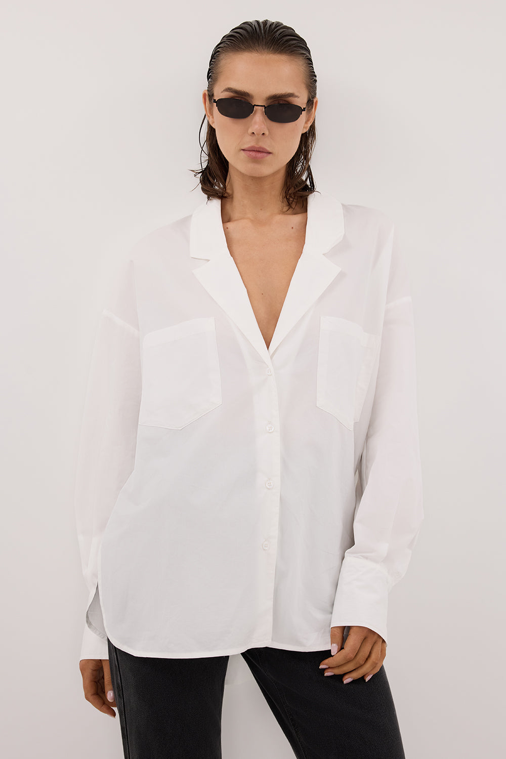 IRENE WHITE LONG SLEEVE NOTCH COLLAR SHIRT
