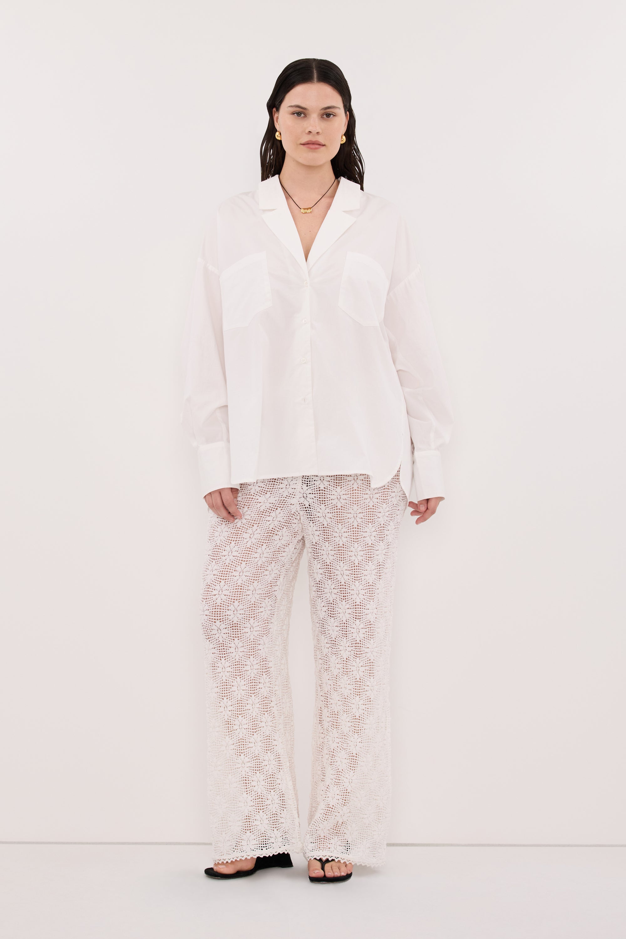 IRENE WHITE LONG SLEEVE NOTCH COLLAR SHIRT