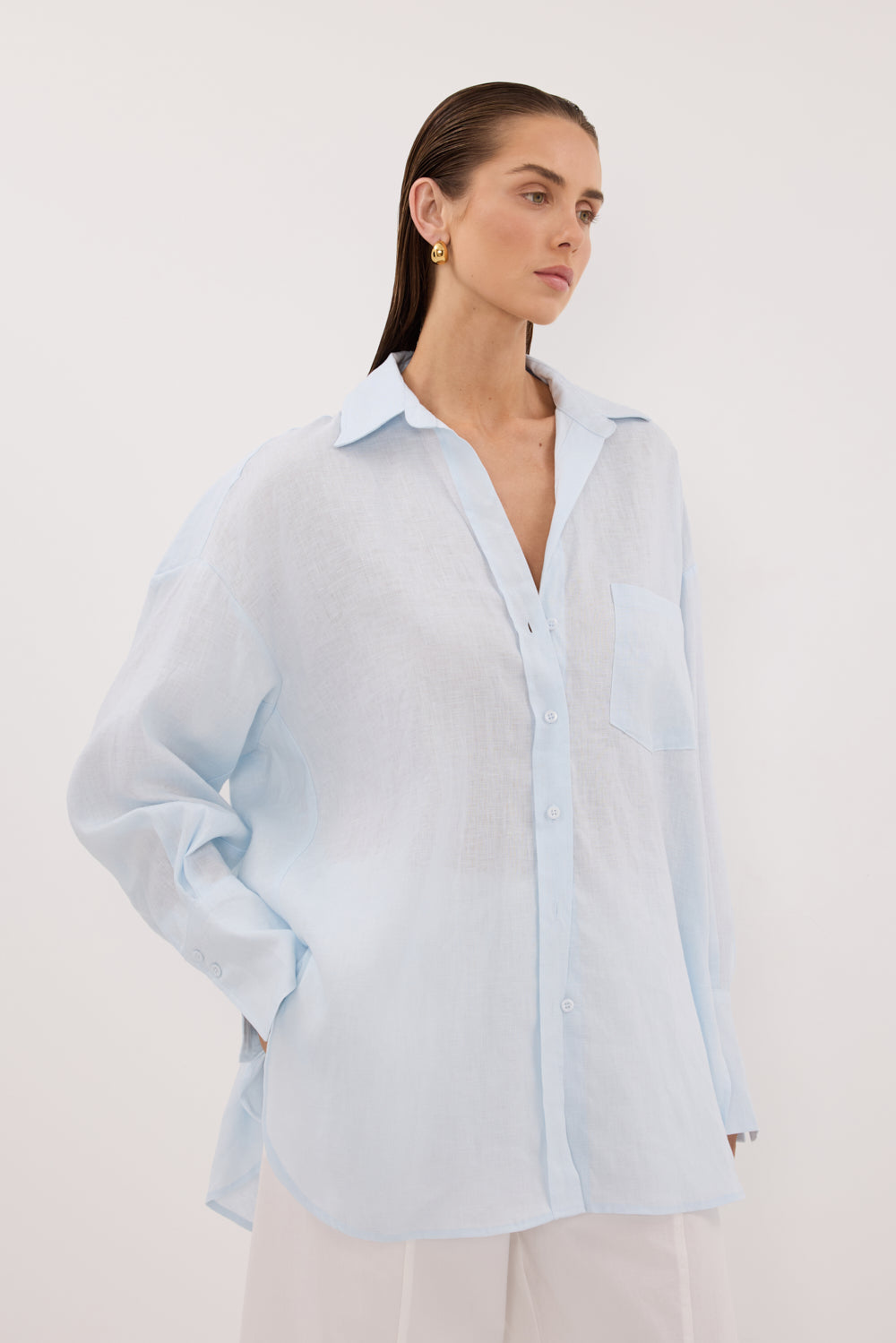 blue linen dress shirt Ellis Long Sleeve Linen Shirt in Ice Blue By DISSH