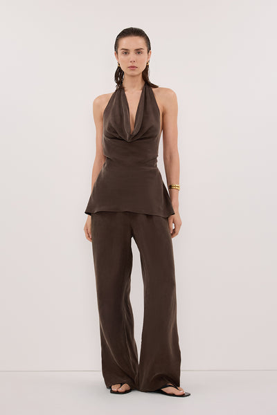 Stas wearing ADDIE BITTER CHOC CUPRO DRAWSTRING PANT