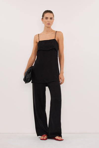 Shanina wearing ADDIE BLACK CUPRO DRAWSTRING PANT