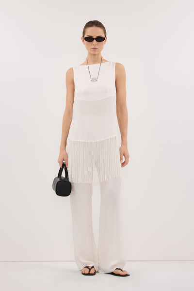 Stas wearing ADDIE WHITE CUPRO DRAWSTRING PANT