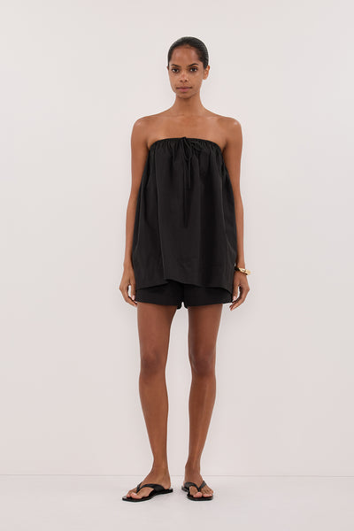 Kristen wearing SOMMER BLACK STRAPLESS POPLIN TOP