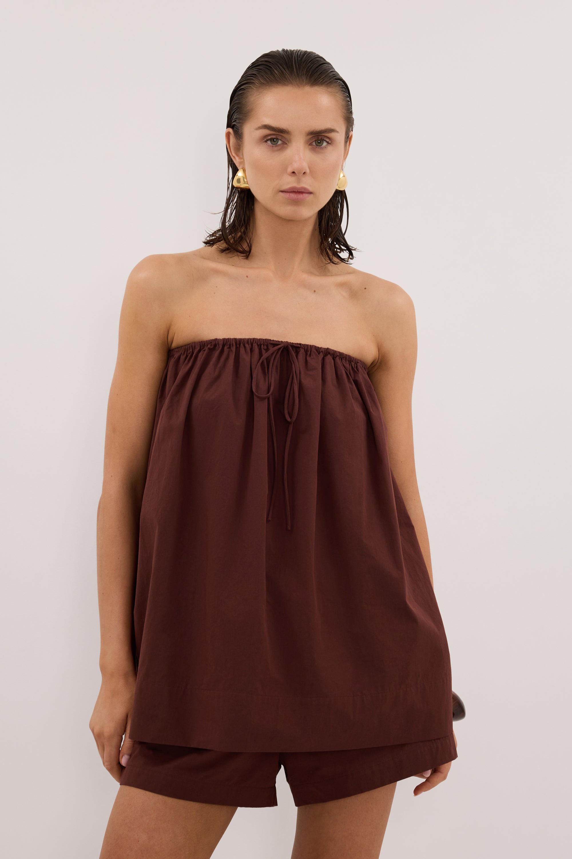 SOMMER CINNAMON STRAPLESS POPLIN TOP