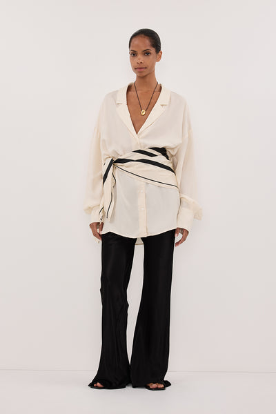 Kristen wearing LUCILLE STRAW LONG SLEEVE CUPRO SHIRT