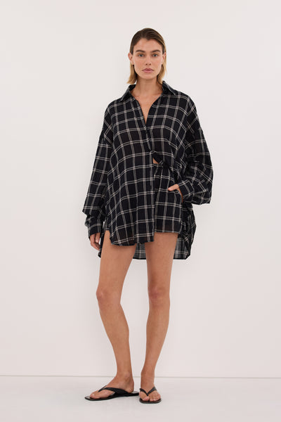 Joanna wearing ANNALISE BLACK LONG SLEEVE CHECK SHIRT