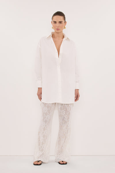 Stas wearing LULU LONGLINE WHITE COTTON SHIRT