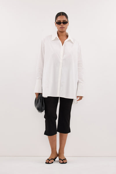 Amanda wearing RAE WHITE LIGHT WEIGHT COTTON SHIRT