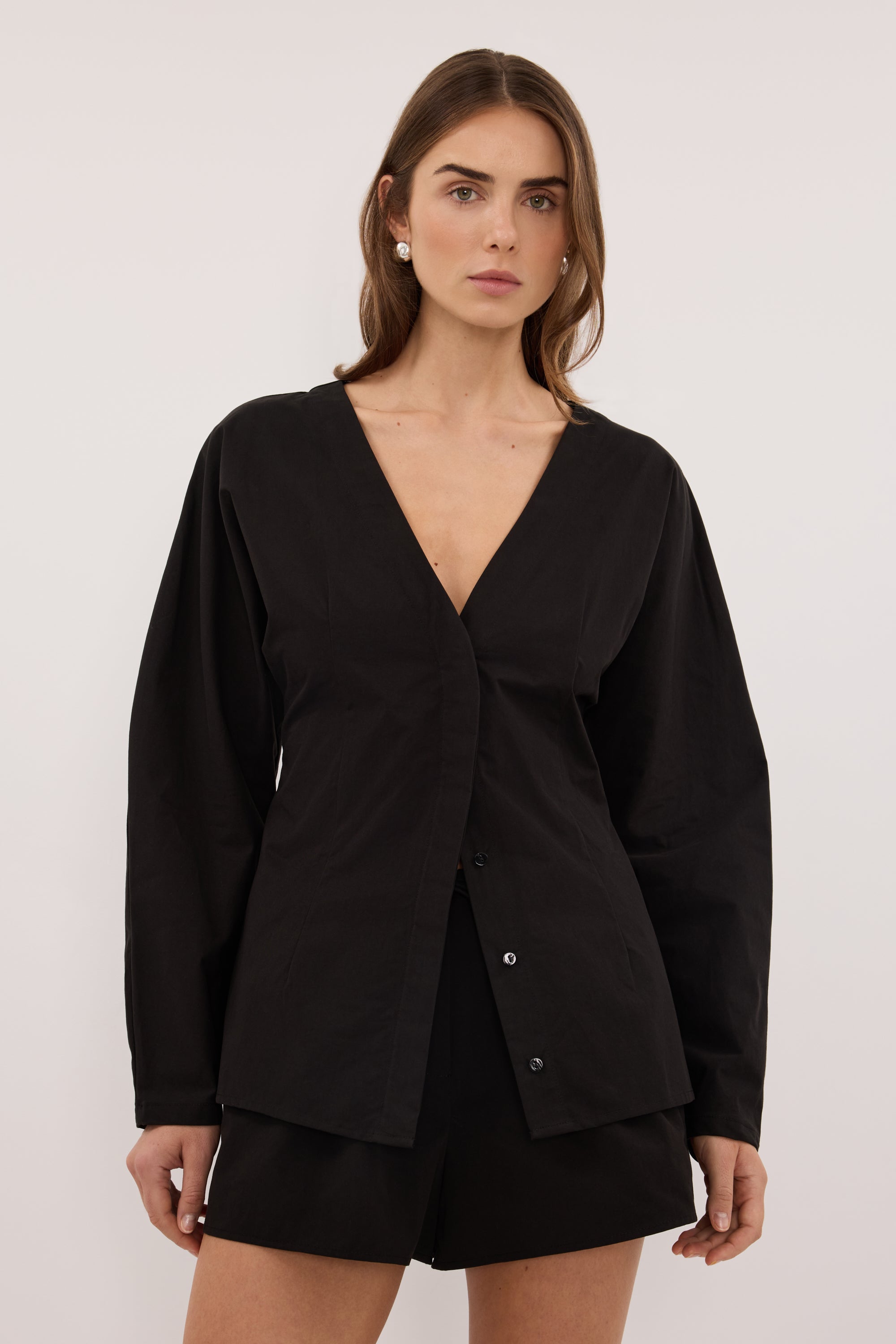 EDENA BLACK COTTON FITTED SHIRT