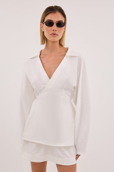 Joanna wearing SIENA WHITE COTTON WRAP SHIRT