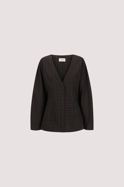 Kristen wearing TOVA INK CHECK FITTED SHIRT