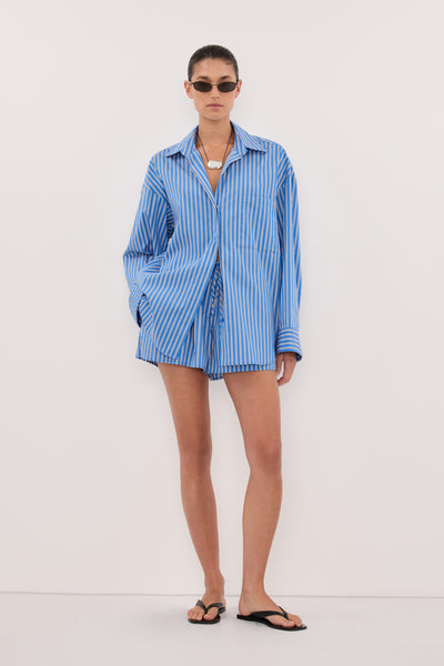 Aude wearing MISHA AZURE BLUE STRIPE SHIRT