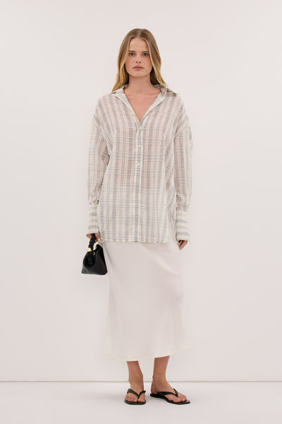 Zoe wearing PETRA OFF WHITE CHECK SHIRT