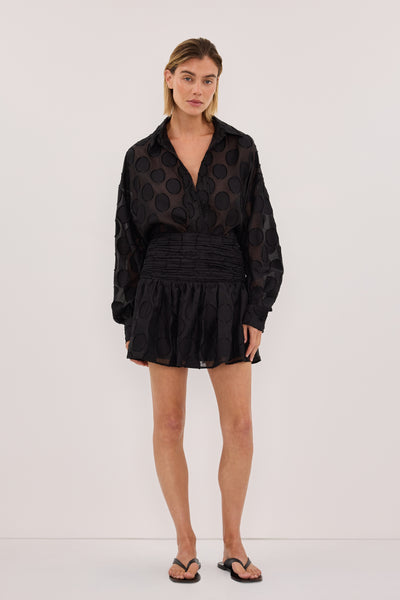 Zoe wearing MONTANA BLACK LONG SLEEVE JACQUARD SHIRT