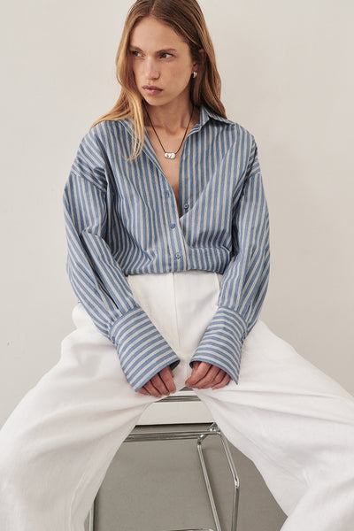 Sabine wearing GRACIE LONG SLEEVE BLUE STRIPE SHIRT