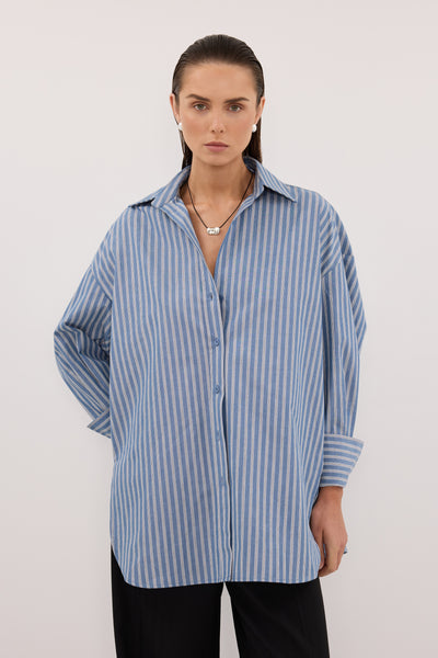 Zoe wearing GRACIE LONG SLEEVE BLUE STRIPE SHIRT