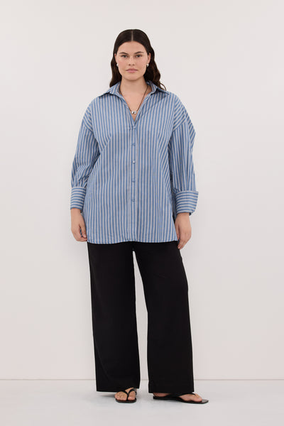 Jasmine wearing GRACIE LONG SLEEVE BLUE STRIPE SHIRT