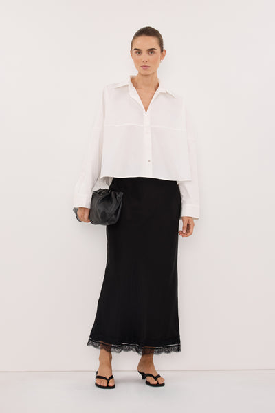 Joanna wearing GOLDIE WHITE CROPPED COTTON SHIRT
