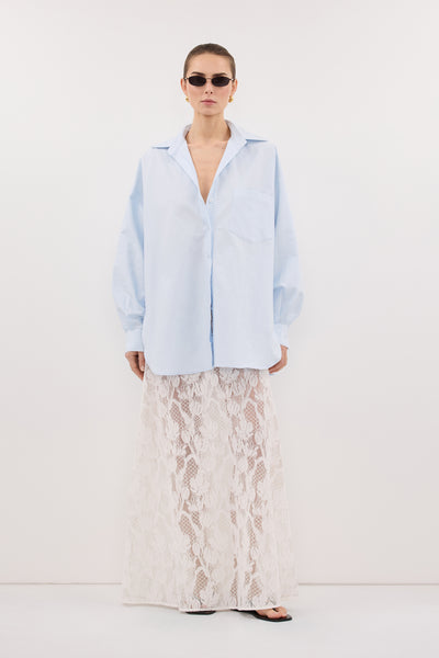 Stas wearing RHEA 3.0 ICE BLUE OVERSIZED COTTON SHIRT