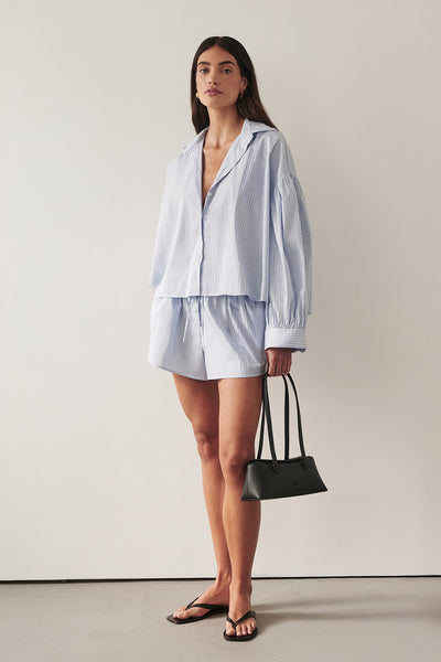 Holly wearing BERNICE BLUE STRIPE COTTON BLEND SHIRT