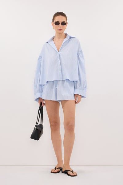 Stas wearing BERNICE BLUE STRIPE COTTON BLEND SHIRT
