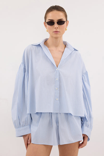 Stas wearing BERNICE BLUE STRIPE COTTON BLEND SHIRT