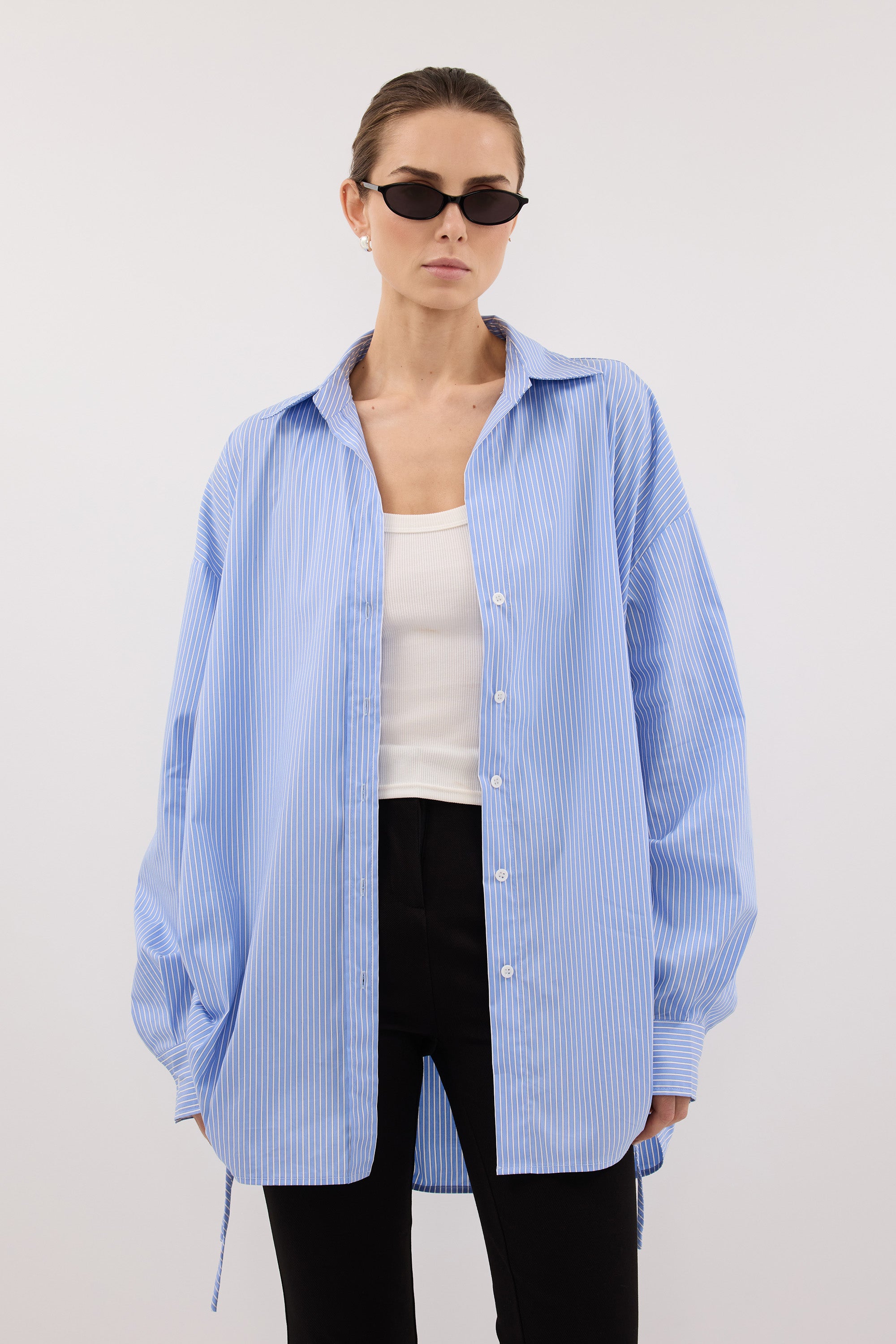 Mathilde Blue Stripe Side Tie Shirt in Blue/White By DISSH