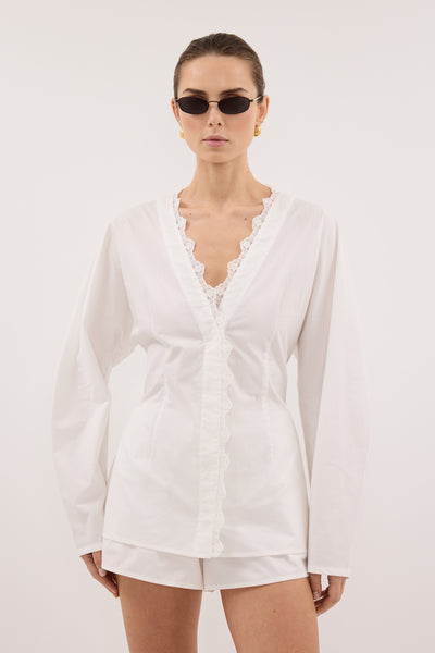 Stas wearing LUCETTE WHITE LACE TRIM COTTON TOP