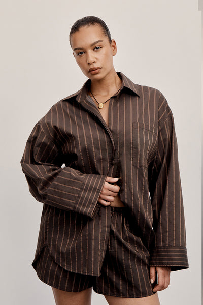 Shimma wearing FABLE CHOC SILK BLEND SHIRT