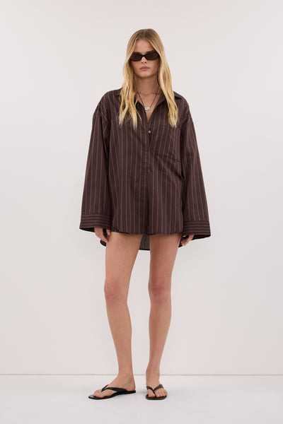 Zoe wearing FABLE CHOC SILK BLEND SHIRT