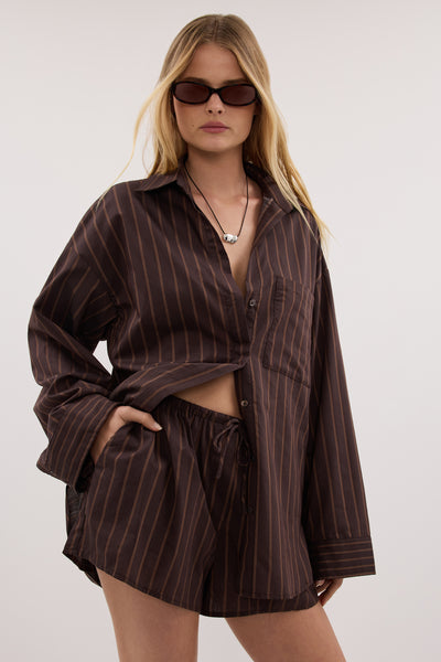 Zoe wearing FABLE CHOC SILK BLEND SHIRT