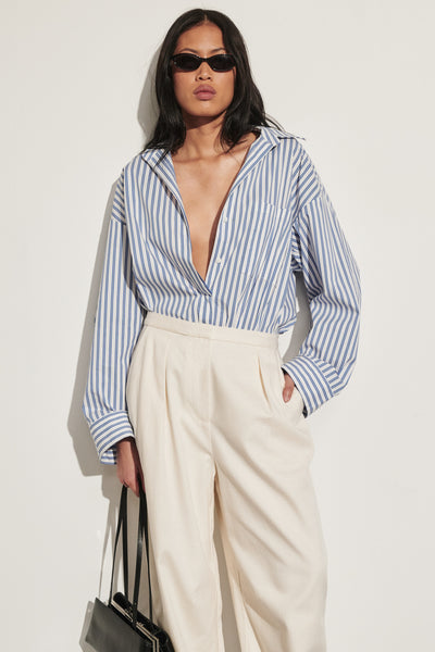 Ploy wearing TALISE BLUE STRIPE SHIRT