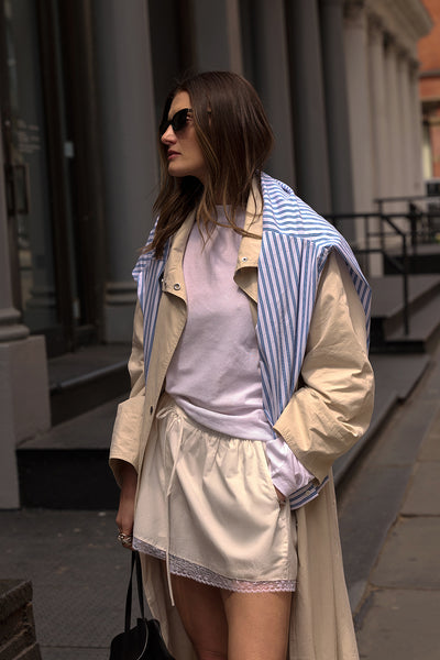 Coco wearing TALISE BLUE STRIPE SHIRT