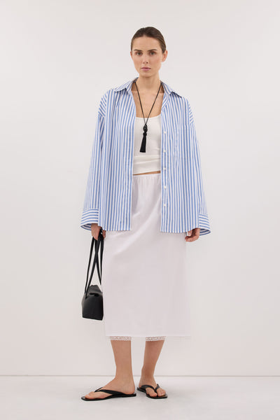 Stas wearing TALISE BLUE STRIPE SHIRT