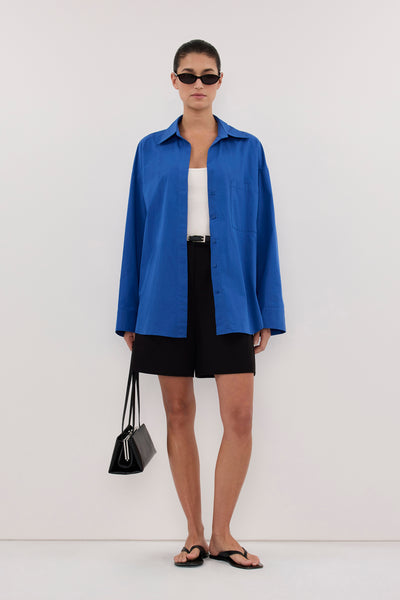 Aude wearing INA COBALT LIGHTWEIGHT COTTON SHIRT