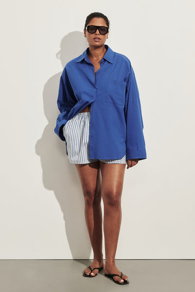 Amanda wearing INA COBALT LIGHTWEIGHT COTTON SHIRT
