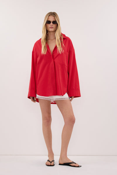 Zoe wearing INA RED LIGHTWEIGHT COTTON SHIRT
