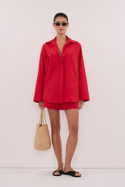 Aude wearing INA RED LIGHTWEIGHT COTTON SHIRT