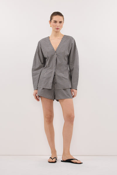 Stas wearing MATILDA INK CHECK FITTED SHIRT