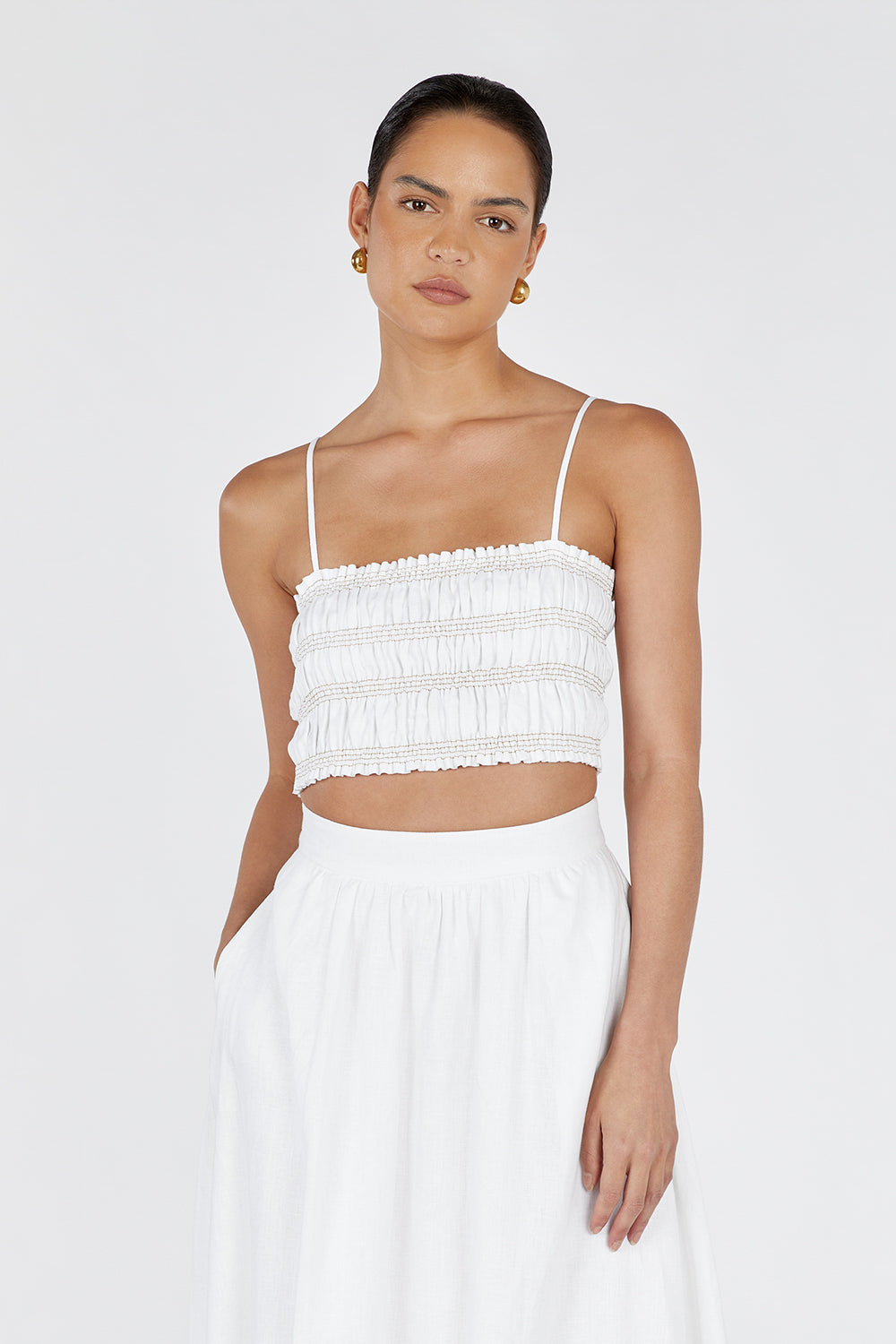 BIANCA WHITE SHIRRED LINEN TOP