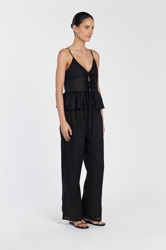 MIMI BLACK LINEN TIE FRONT TOP | Dissh